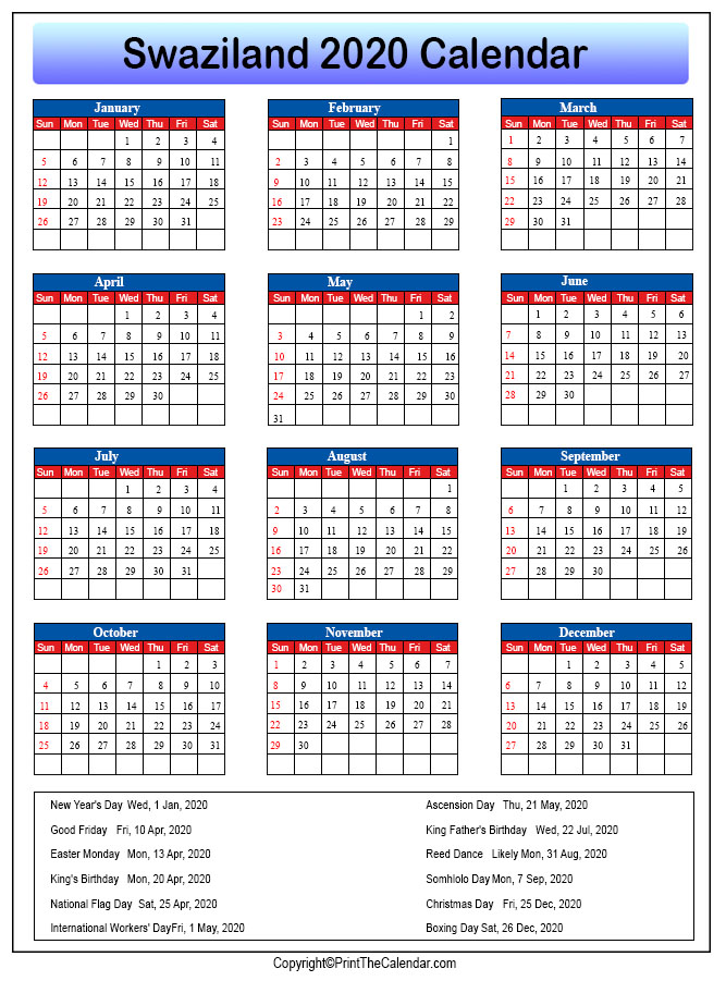 Swaziland Printable Calendar 2020